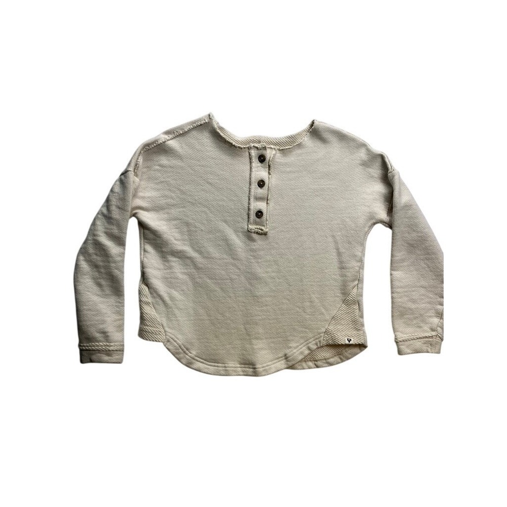 LIV Outdoor Henley Sweatshirt Womens XS Cream Raw Hem‎ Cotton Pullover Granola